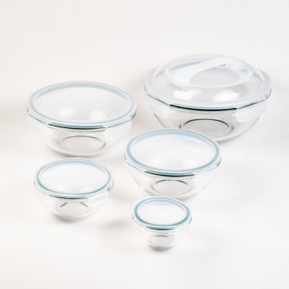 5-Piece Round Glass Food Container with Locking Lid Set