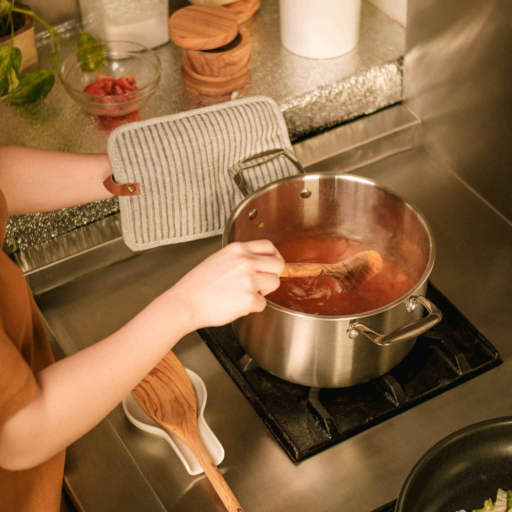 cooking a batch of tomato soup on a tri-ply stainless steel casserole 7qt